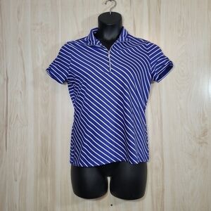 Chicos Zenergy Golf Navy Striped Top Sz Med (Chicos Size 1)